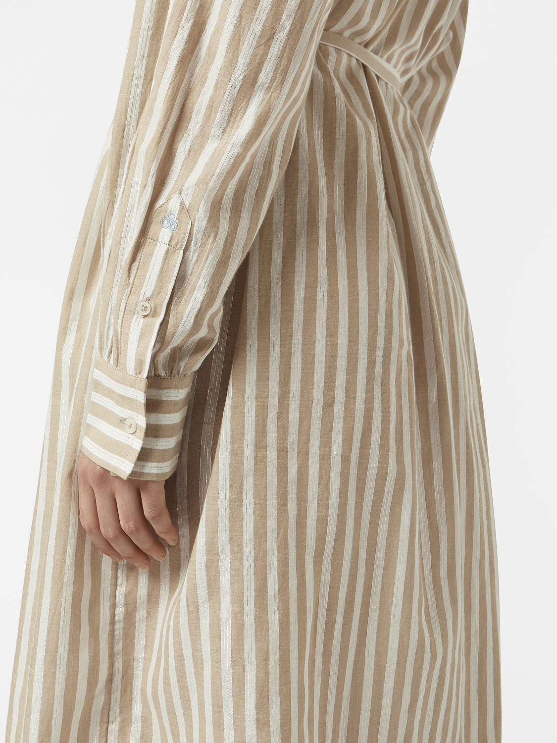 Striped midi shirt dress by Scotch & Soda featuring a collar, button front, and waist tie, styled with long sleeves and a relaxed fit.