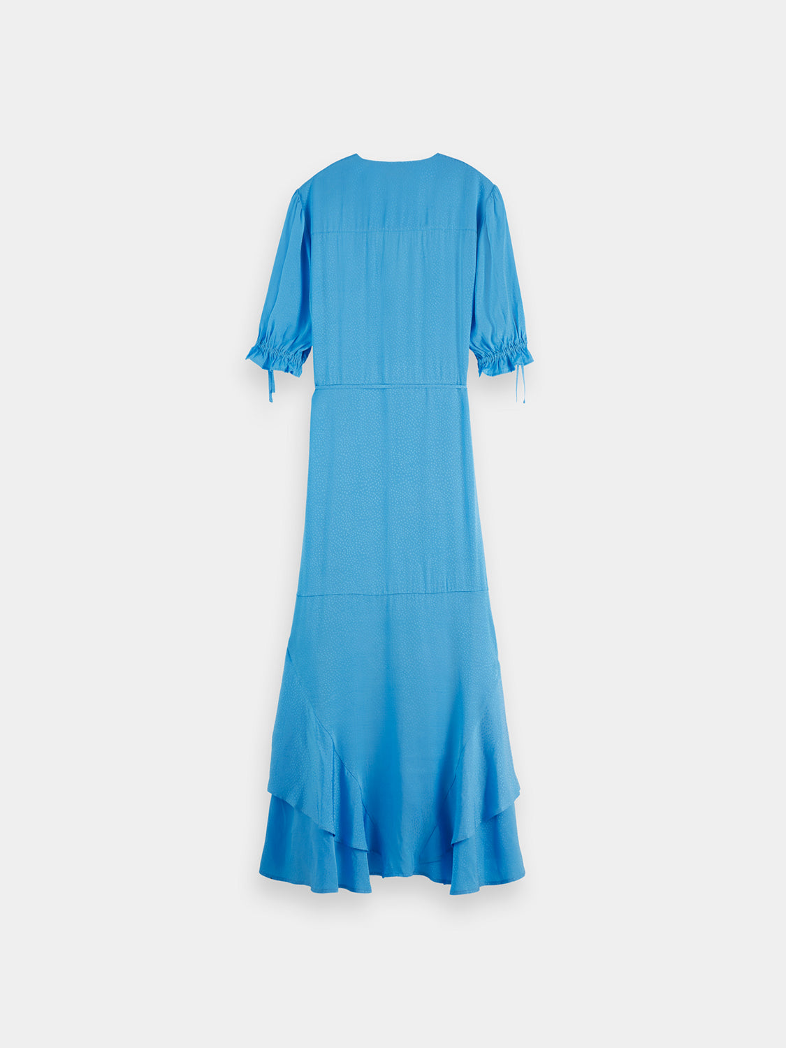 Scotch & Soda midi wrap dress in floral fabric, featuring long sleeves and a tie waist, displayed on a hanger.