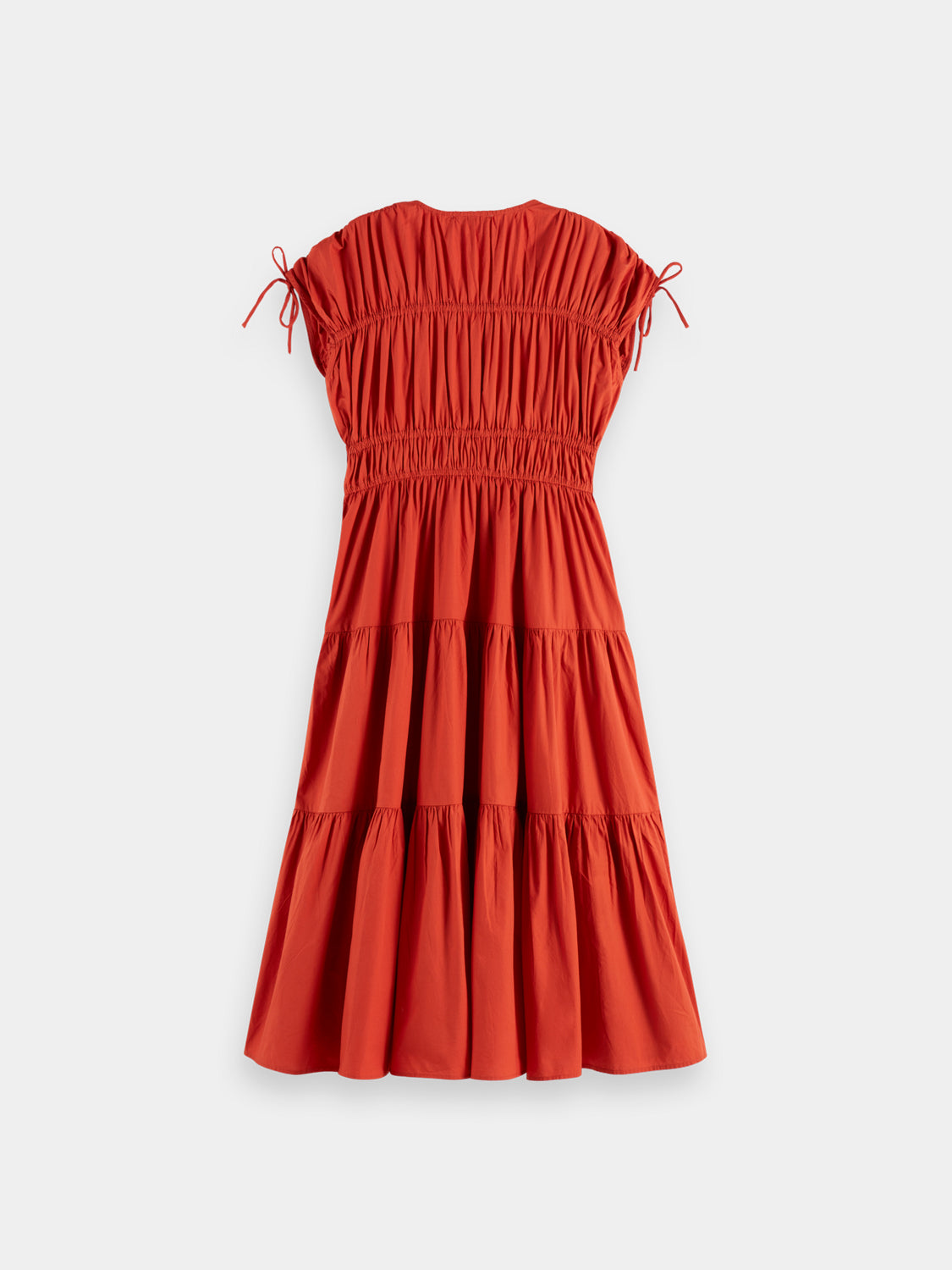 Black gathered midi dress by Scotch & Soda, featuring a fitted waist and flowing skirt, perfect for stylish casual wear.