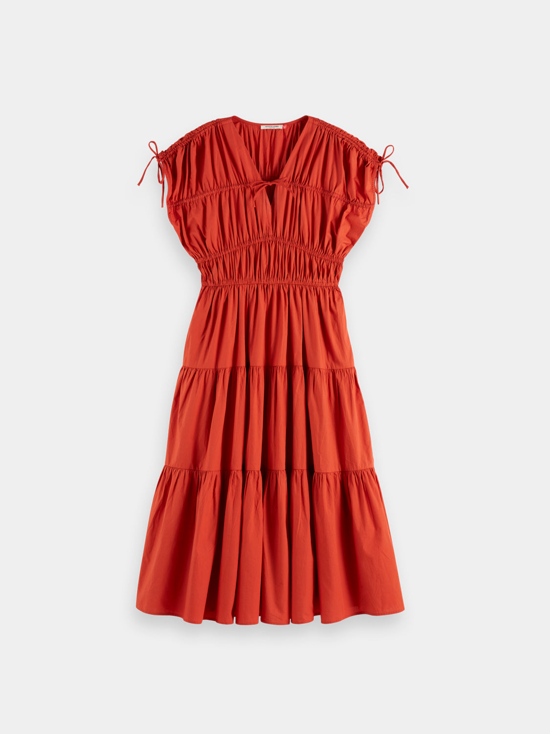Gathered midi dress by Scotch & Soda featuring a flowy silhouette and textured fabric, shown in a stylish, feminine design.