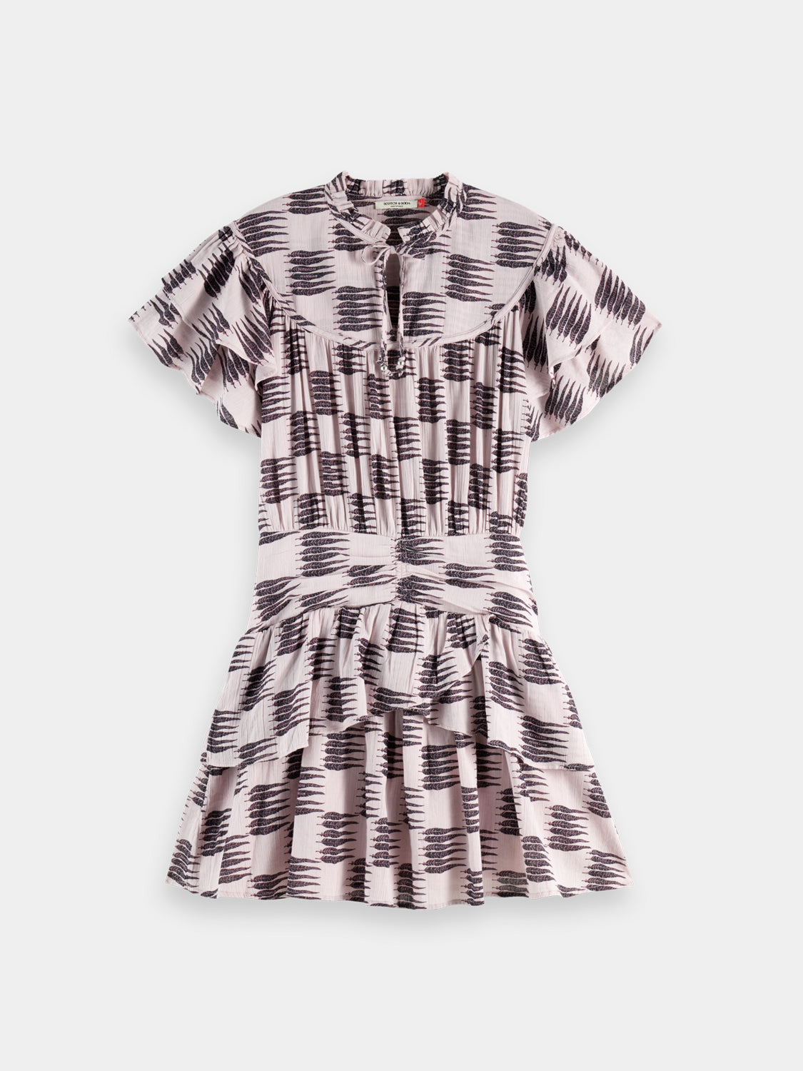 Scarlet ruffled mini dress by Scotch & Soda featuring a flowy design and textured fabric, perfect for stylish spring or summer wear.