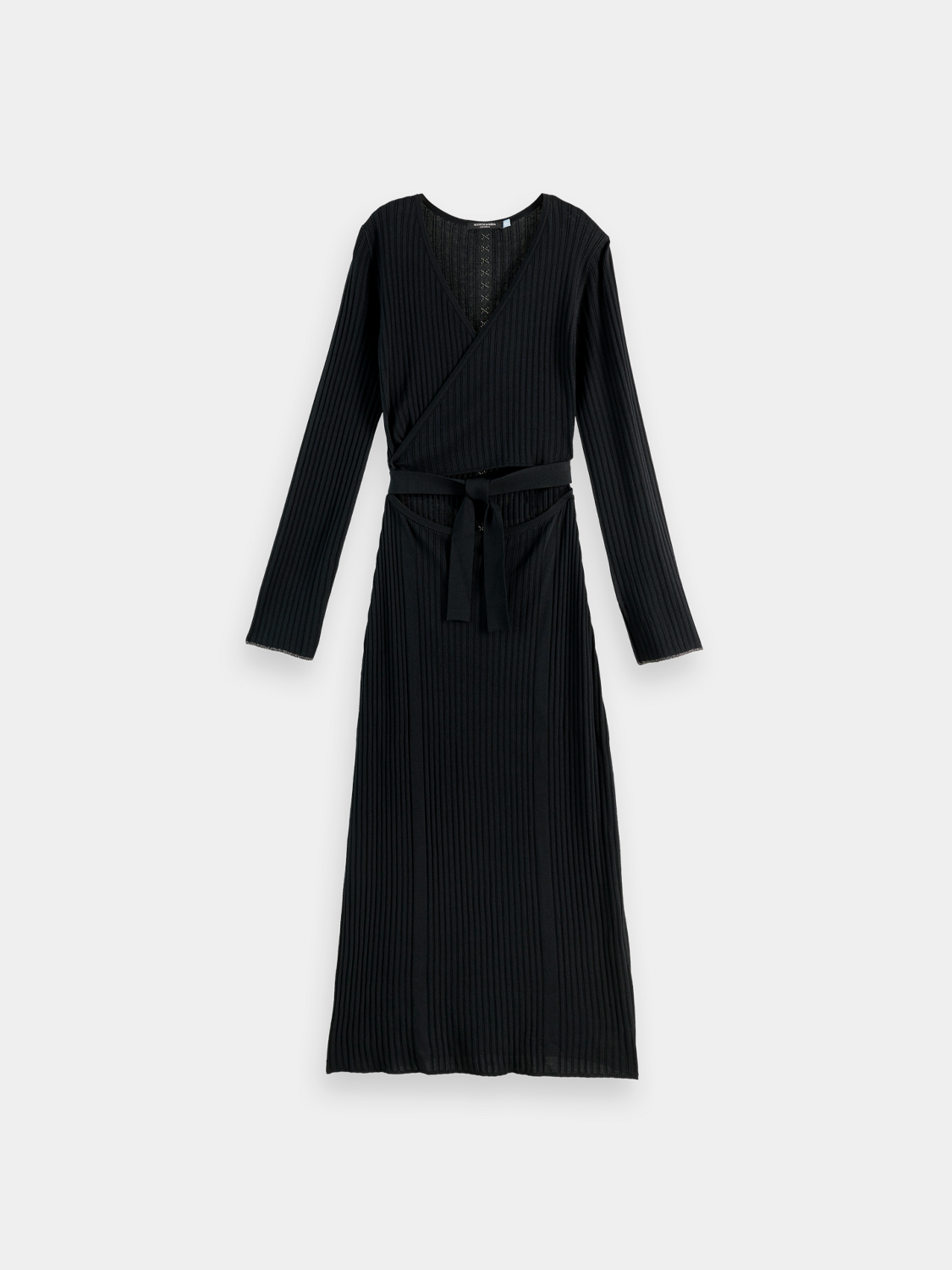 Ribbed wrap dress by Scotch & Soda featuring a fitted silhouette and long sleeves, shown in a deep navy color.
