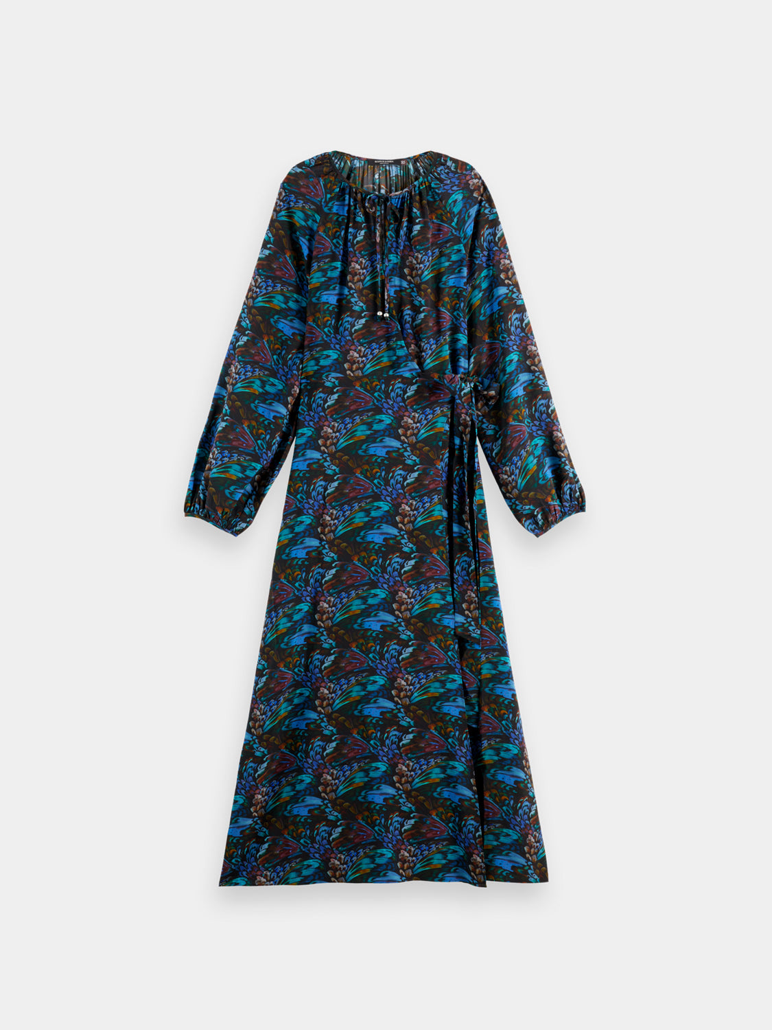 Scotch & Soda midi wrap dress with floral pattern, long sleeves, and V-neck, displayed on a hanger against a neutral background.