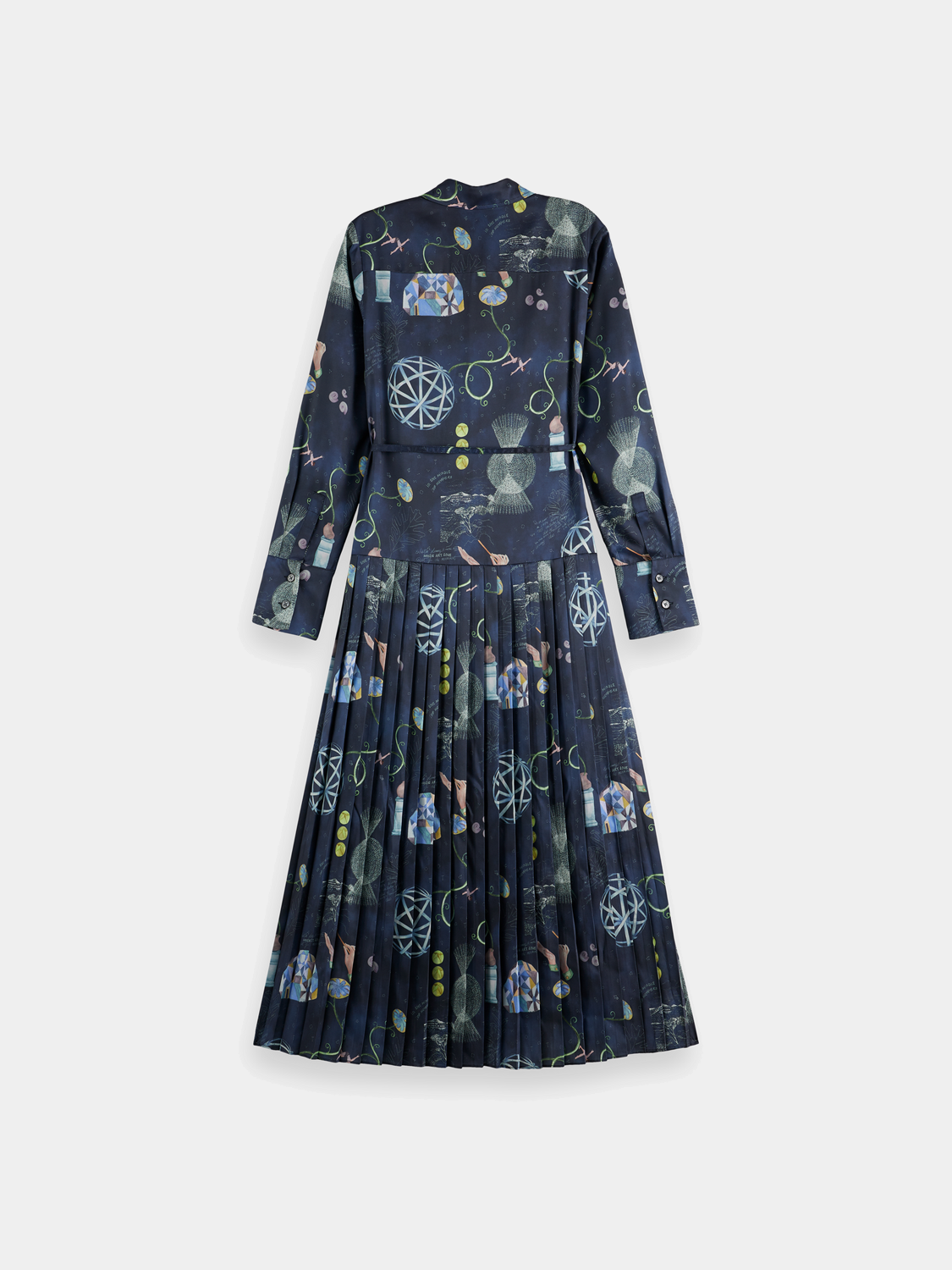 Black Scotch & Soda pleated midi dress with a fitted waist and flowing skirt, shown on a hanger against a plain background.