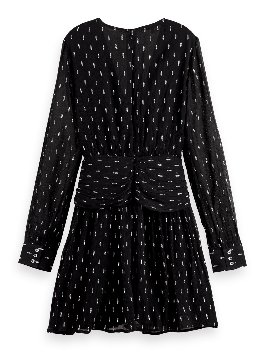 SCOTCH & SODA mini dress with drapey front, back view in solid black