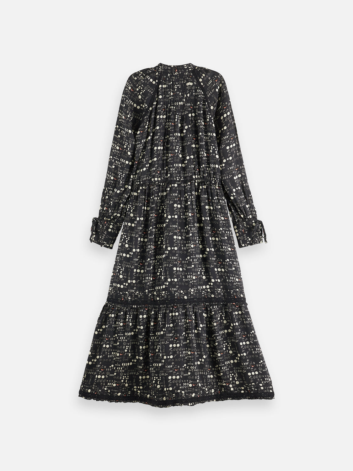 Black tiered maxi dress by Scotch & Soda, flowing fabric with layered design, full-length style, and elegant silhouette.
