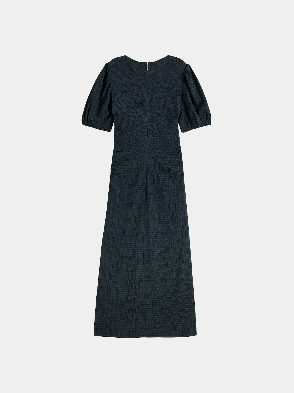 Black gathered midi dress by Scotch & Soda featuring a fitted bodice and flowing skirt, perfect for casual or semi-formal occasions.