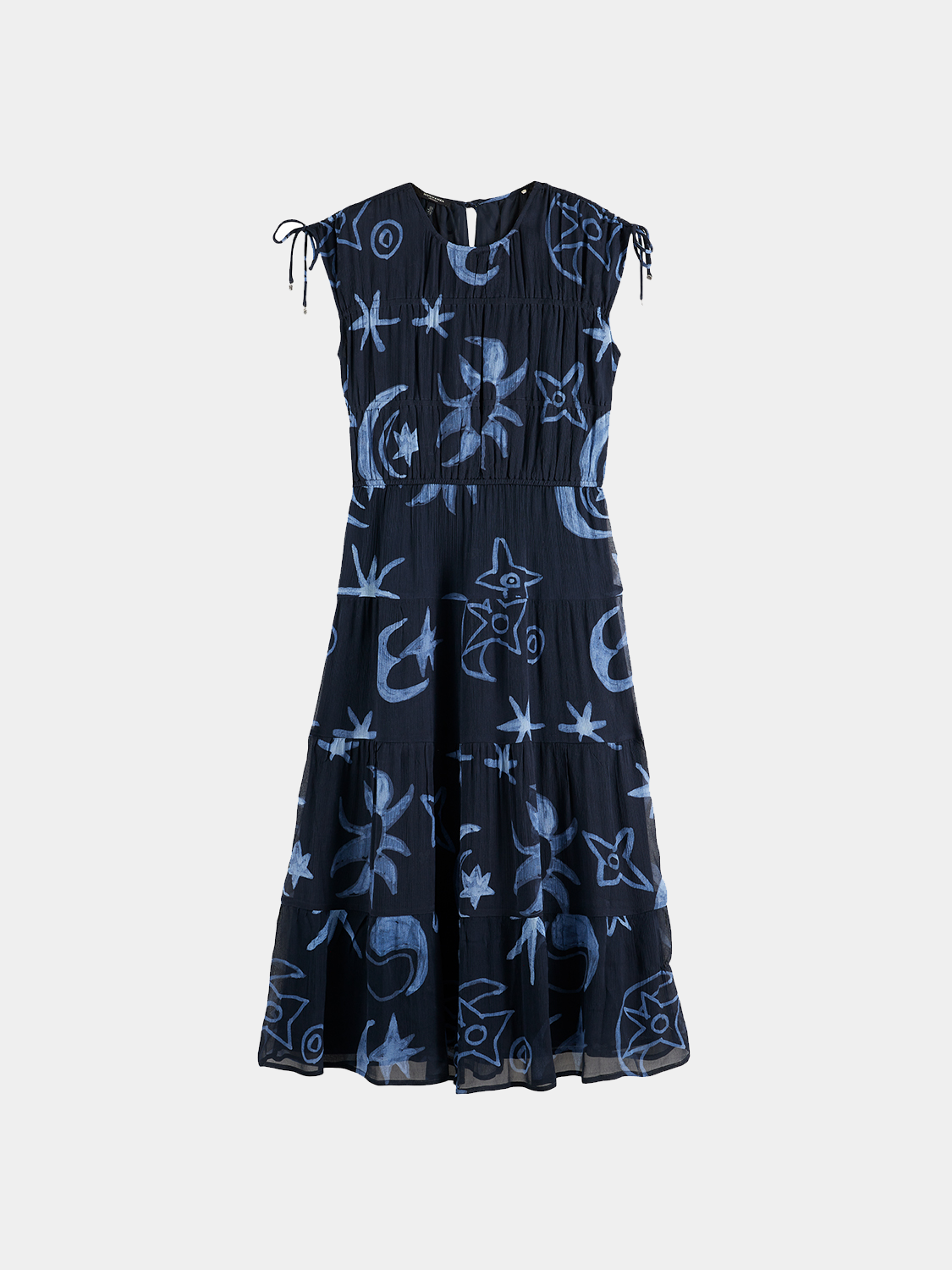 SCOTCH & SODA gathered midi dress featuring a fitted bodice, flowing skirt, and stylish design, perfect for elegant occasions.
