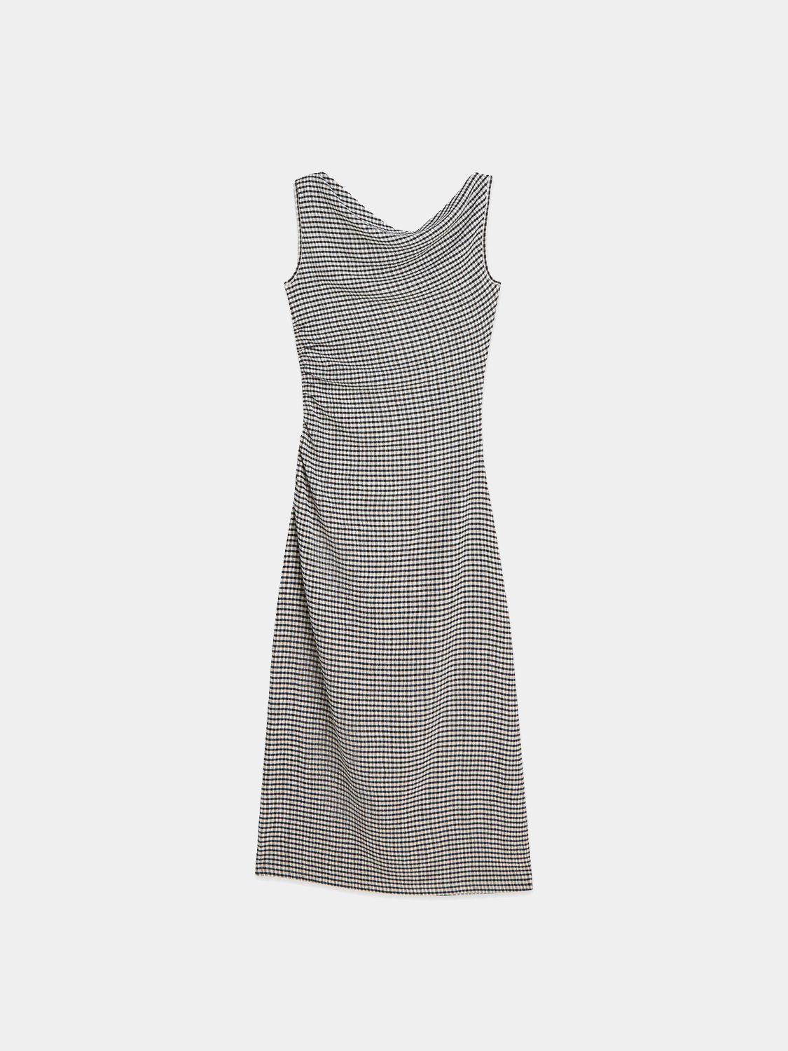 Black gingham midi dress by Scotch & Soda featuring a fitted waist and classic pattern, styled with short sleeves.