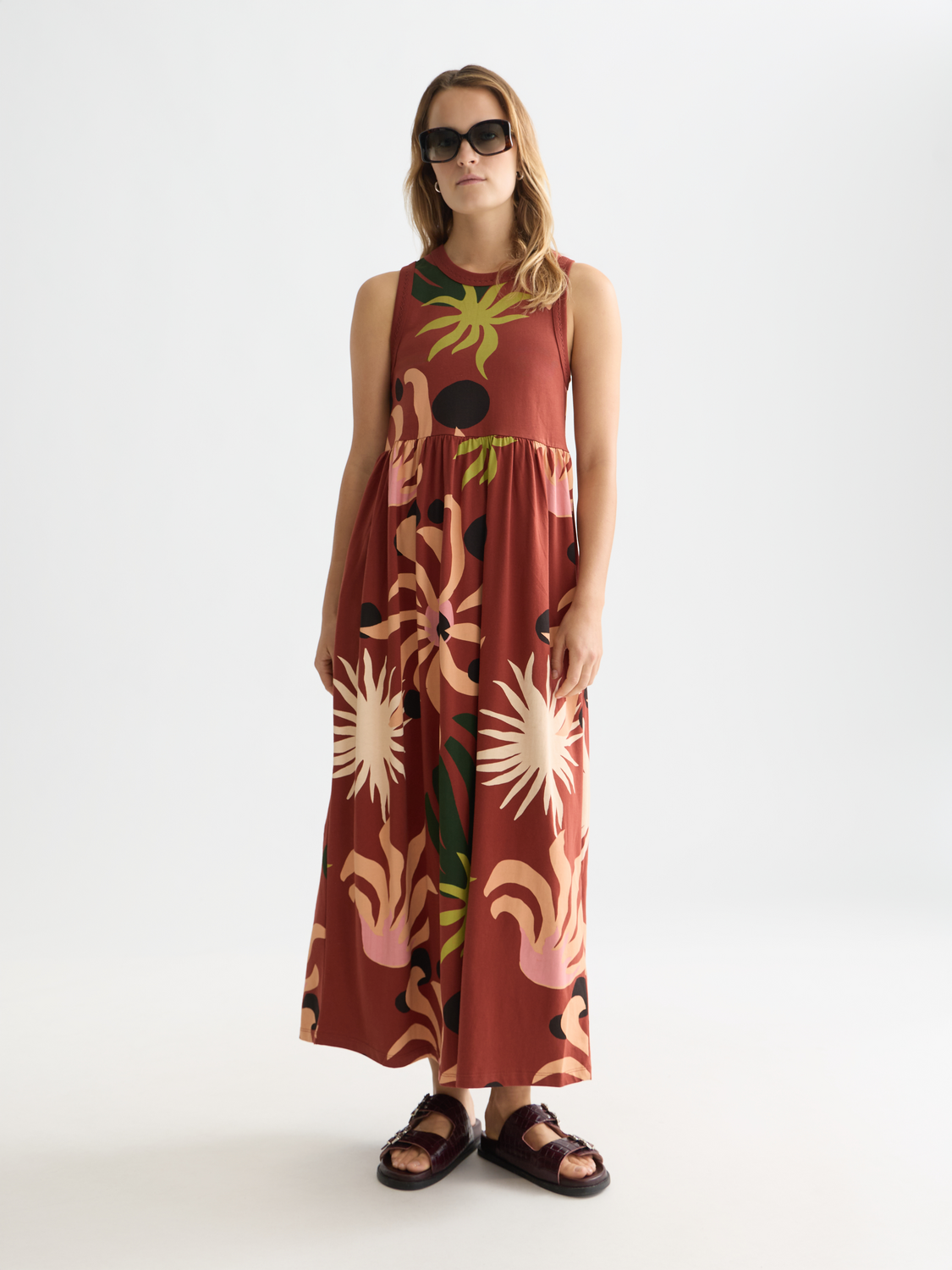 Printed tank midi dress from SCOTCH & SODA featuring a flowy silhouette and vibrant floral pattern.