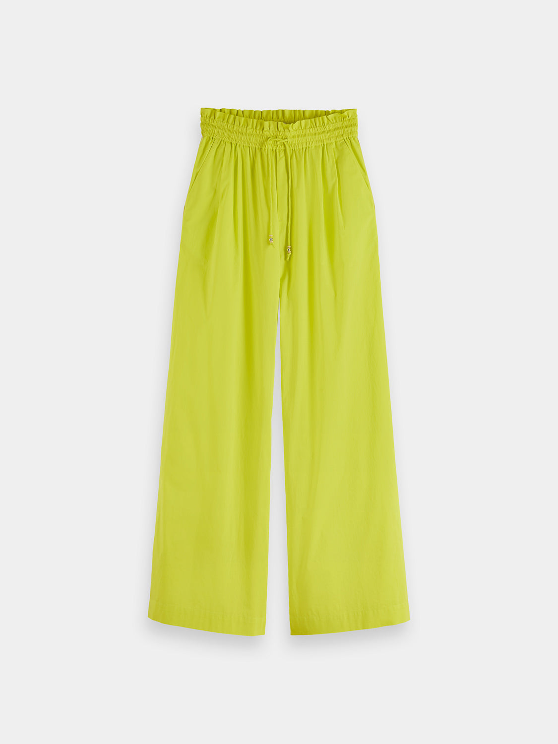 Light beige cotton voile wide-fit pants by Scotch & Soda, featuring relaxed style and comfortable fit, shown on a model.