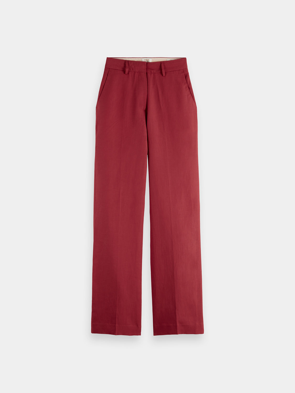 Scotch & Soda Edie wide-fit pants in neutral fabric, featuring a relaxed silhouette and casual style, displayed on a hanger.