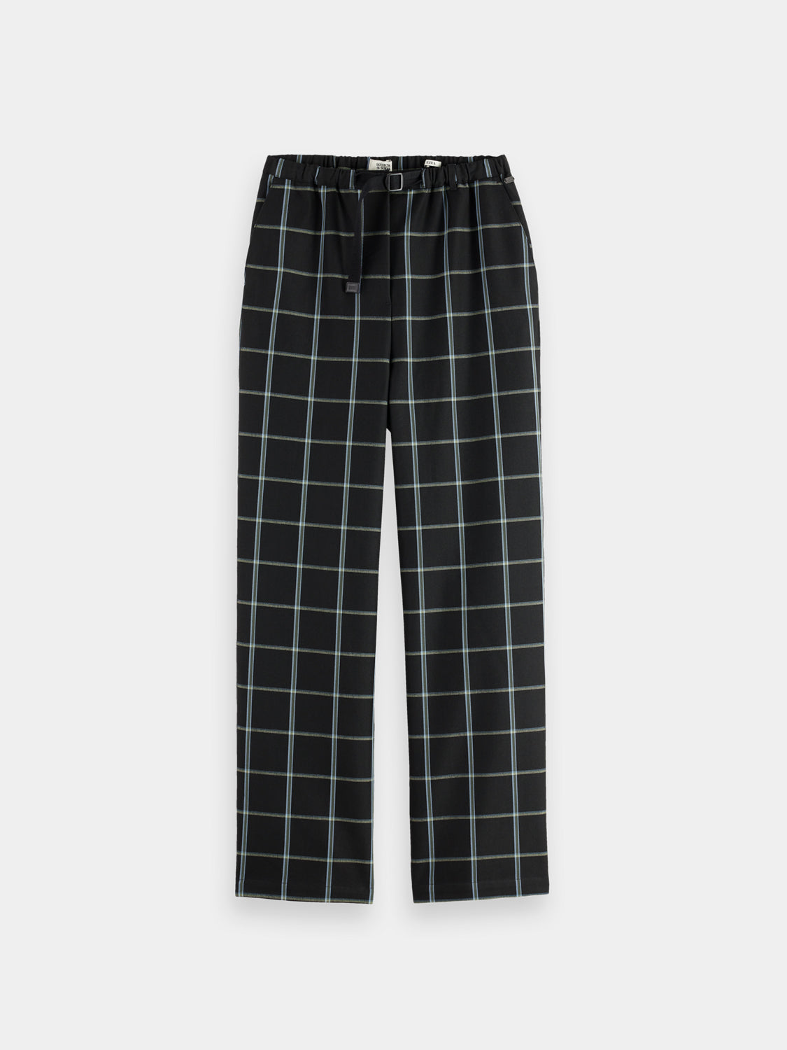 Scotch & Soda Ezra drawstring pants in neutral fabric, featuring a relaxed fit and adjustable waistband, displayed on a hanger.