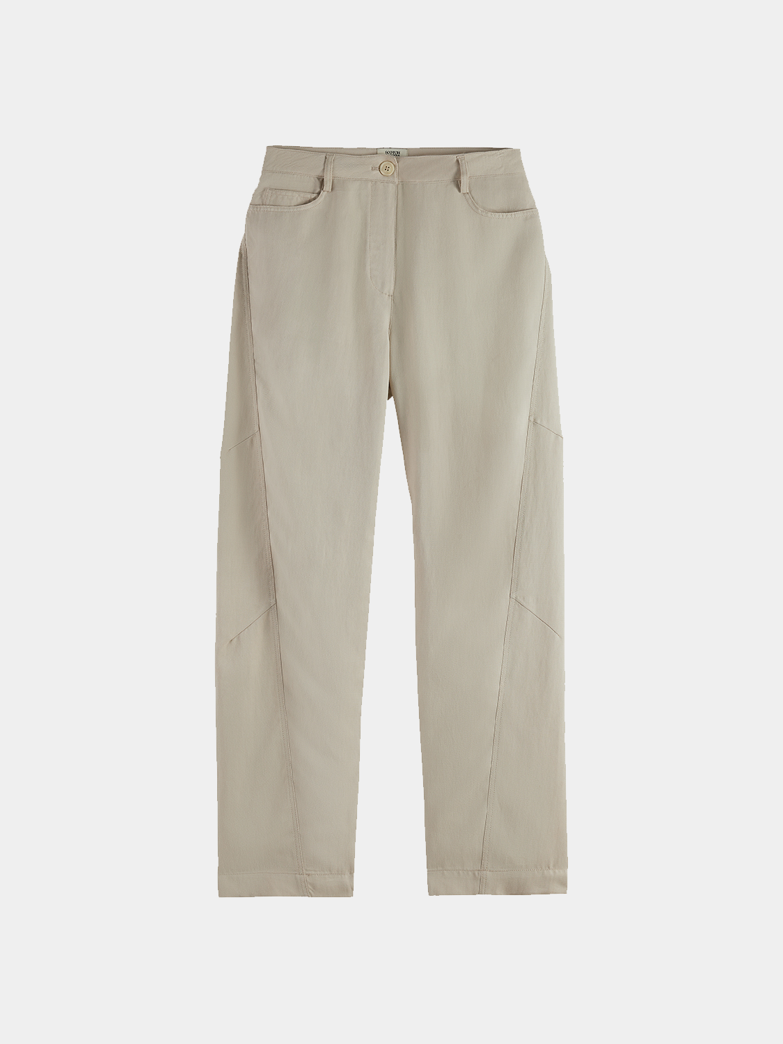 Scotch & Soda Lotus barrel leg pants in dark fabric, featuring a relaxed fit and stylish design, shown on a model.