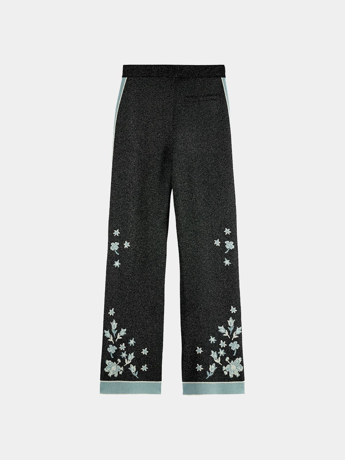 Black Scotch & SODA jacquard knitted sweatpants with a relaxed fit and elastic waistband, showcasing detailed knit pattern.