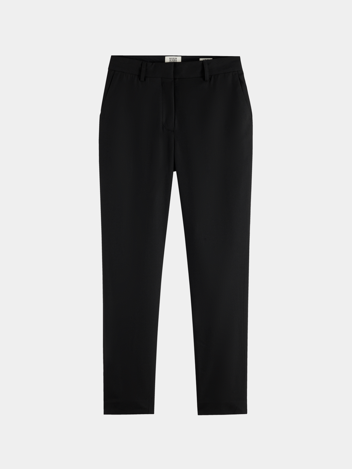 Slim-fit Lowry pants by Scotch & Soda, shown in dark navy fabric with a tailored waistband and side pockets.
