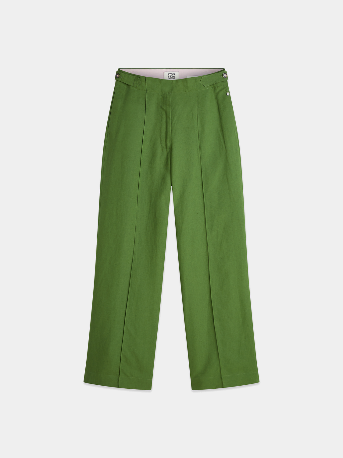 Wide-fit Lou pants by Scotch & Soda in a neutral color, shown laid flat to highlight relaxed fit and stylish design.