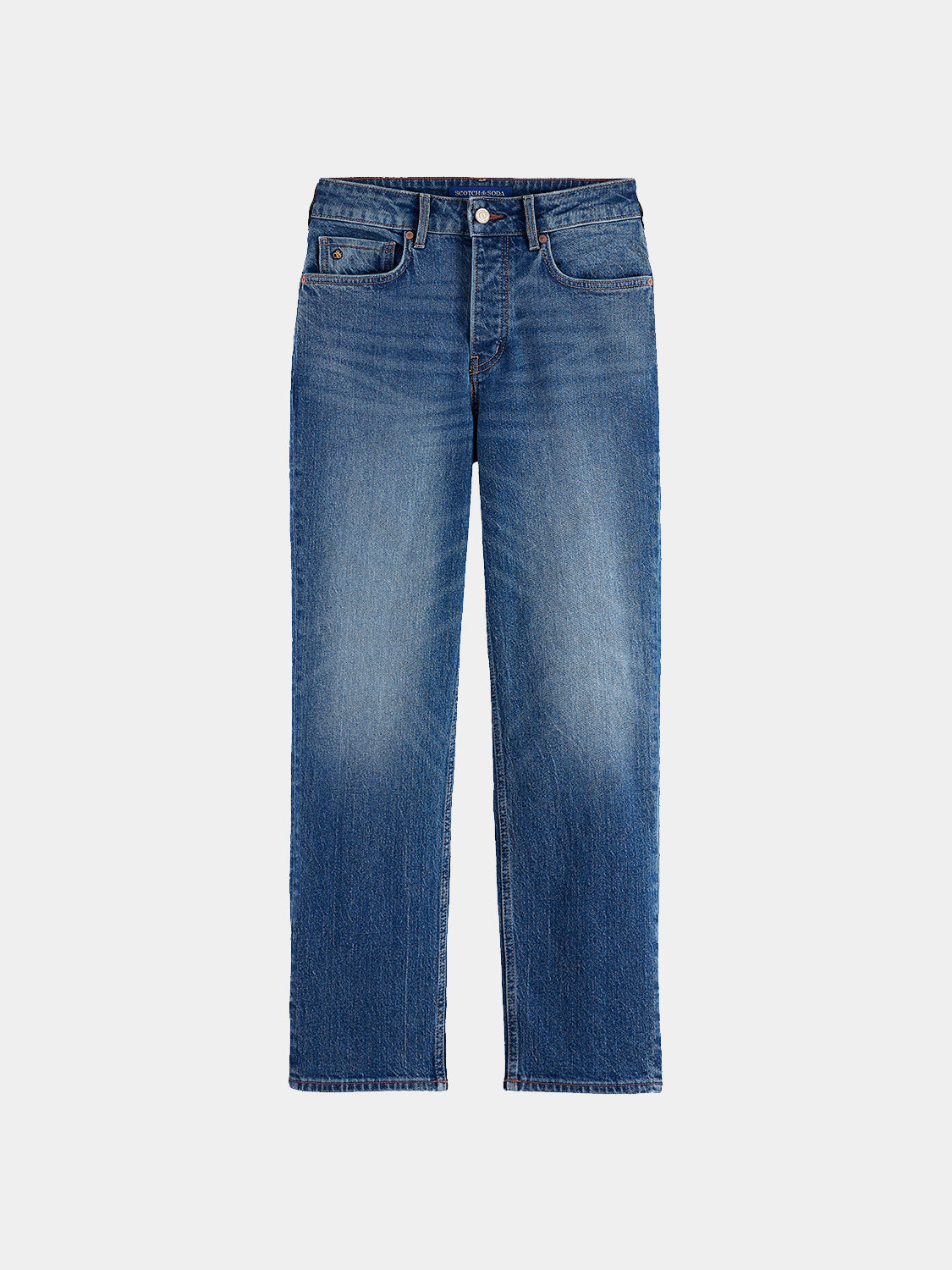 Sky straight-fit denim jeans by Scotch & Soda, showing classic blue color, front pockets, and belt loops on a plain background.