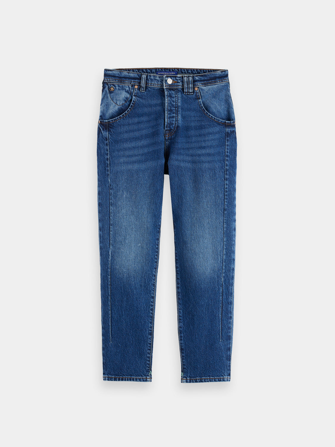 Scotch & Soda Buzz boyfriend-fit denim jeans showing classic five-pocket design and relaxed fit in medium blue wash.