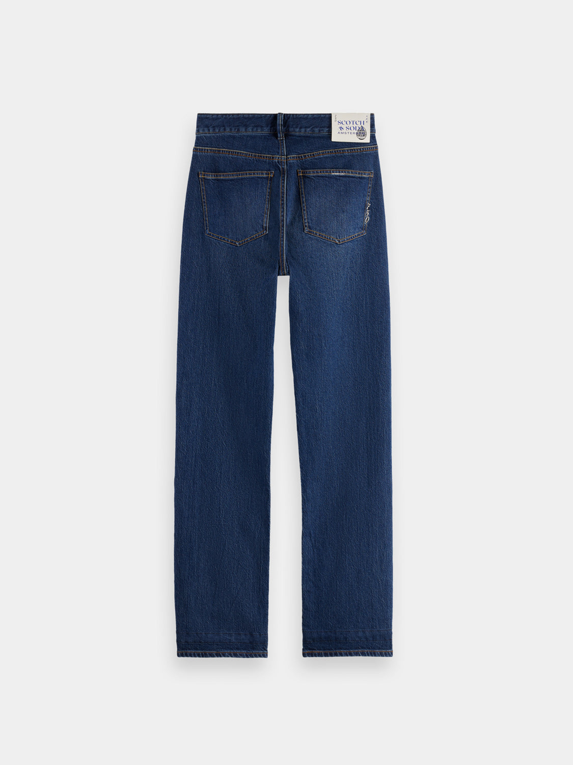 Blue Scotch & Soda Sky straight-fit denim jeans with classic five-pocket design and belt loops, shown from the back.