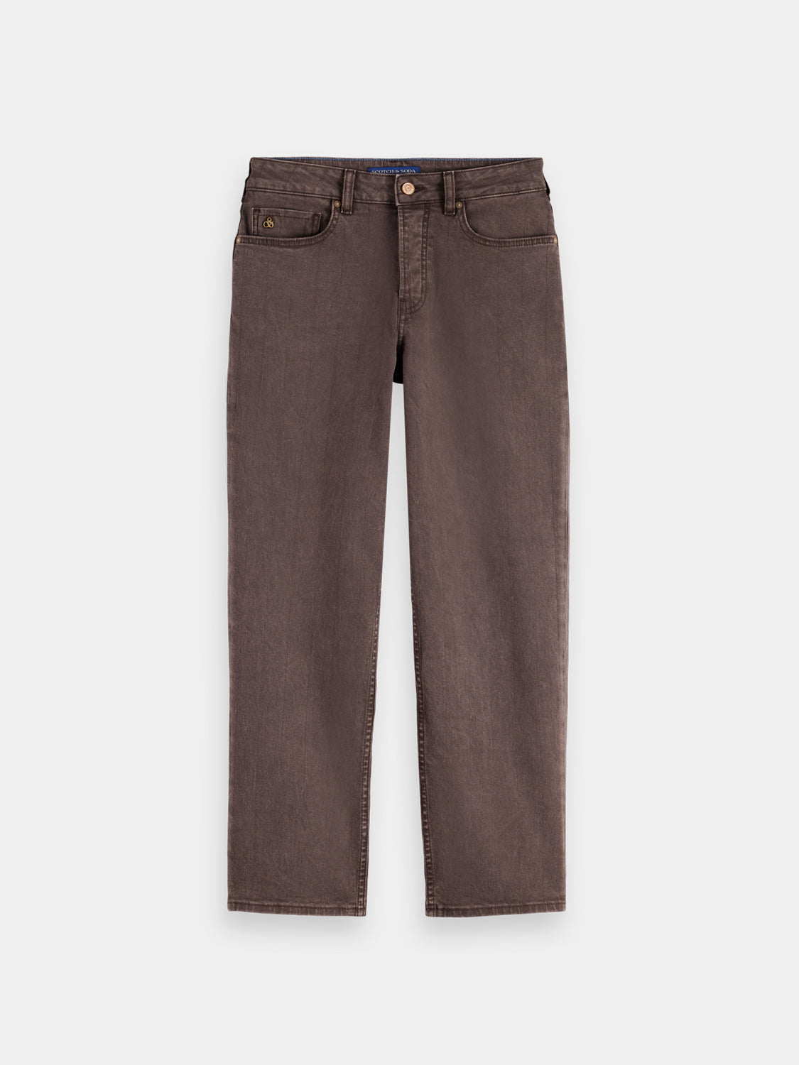 Sky straight-fit denim jeans by Scotch & Soda, front view showing classic five-pocket design and light blue wash.