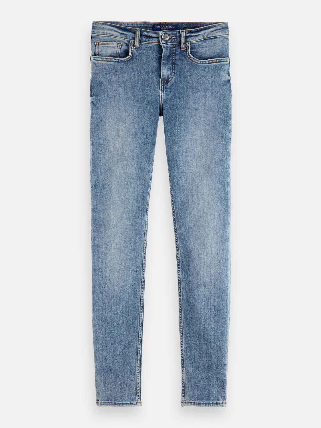 Slim-fit denim jeans from Scotch & Soda featuring a bohemienne style in classic blue with subtle fading and stitching details.