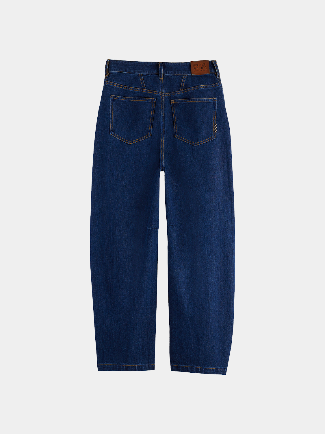 Dark blue Scotch & Soda Loop barrel leg denim jeans displayed from the back with a fitted waistband and classic denim stitching.