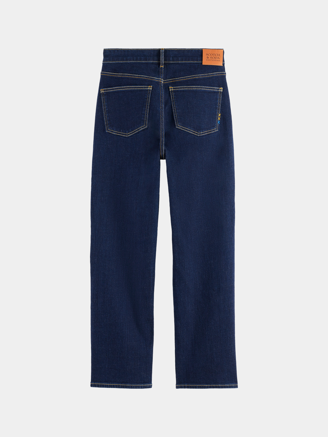 Back view of SCOTCH & SODA Sky straight-fit denim jeans showing classic blue denim fabric and stitching details.