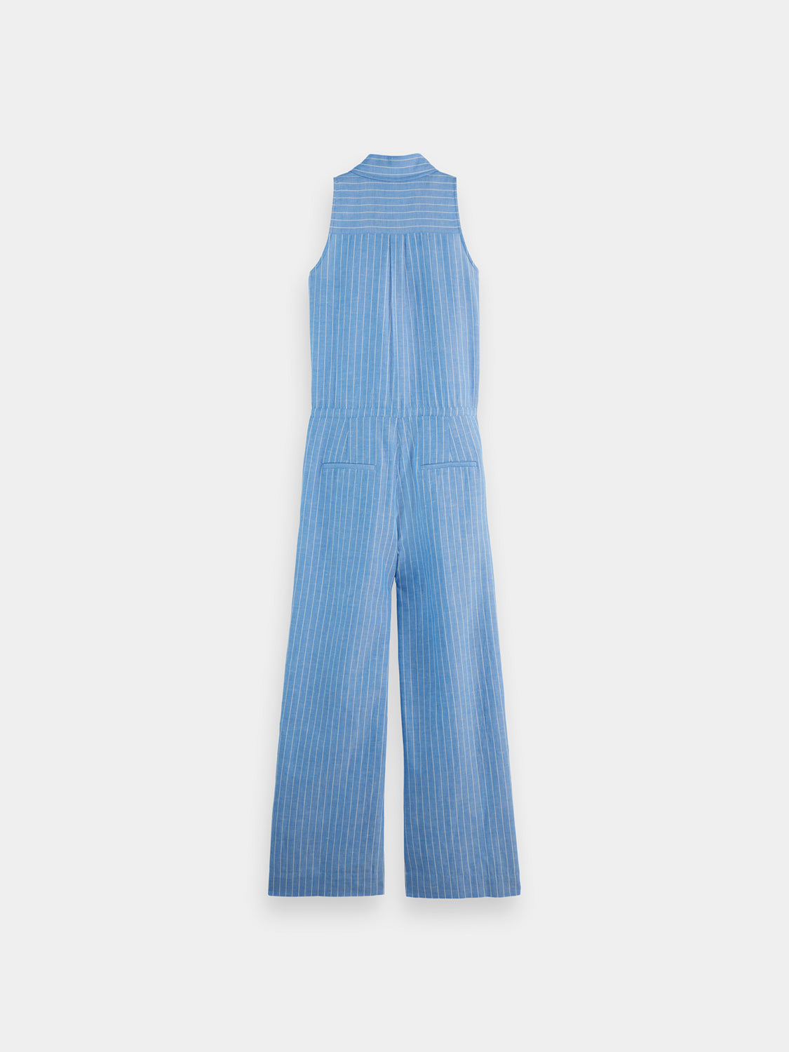 Striped linen jumpsuit by Scotch & Soda with wide legs and sleeveless design, shown on a model.