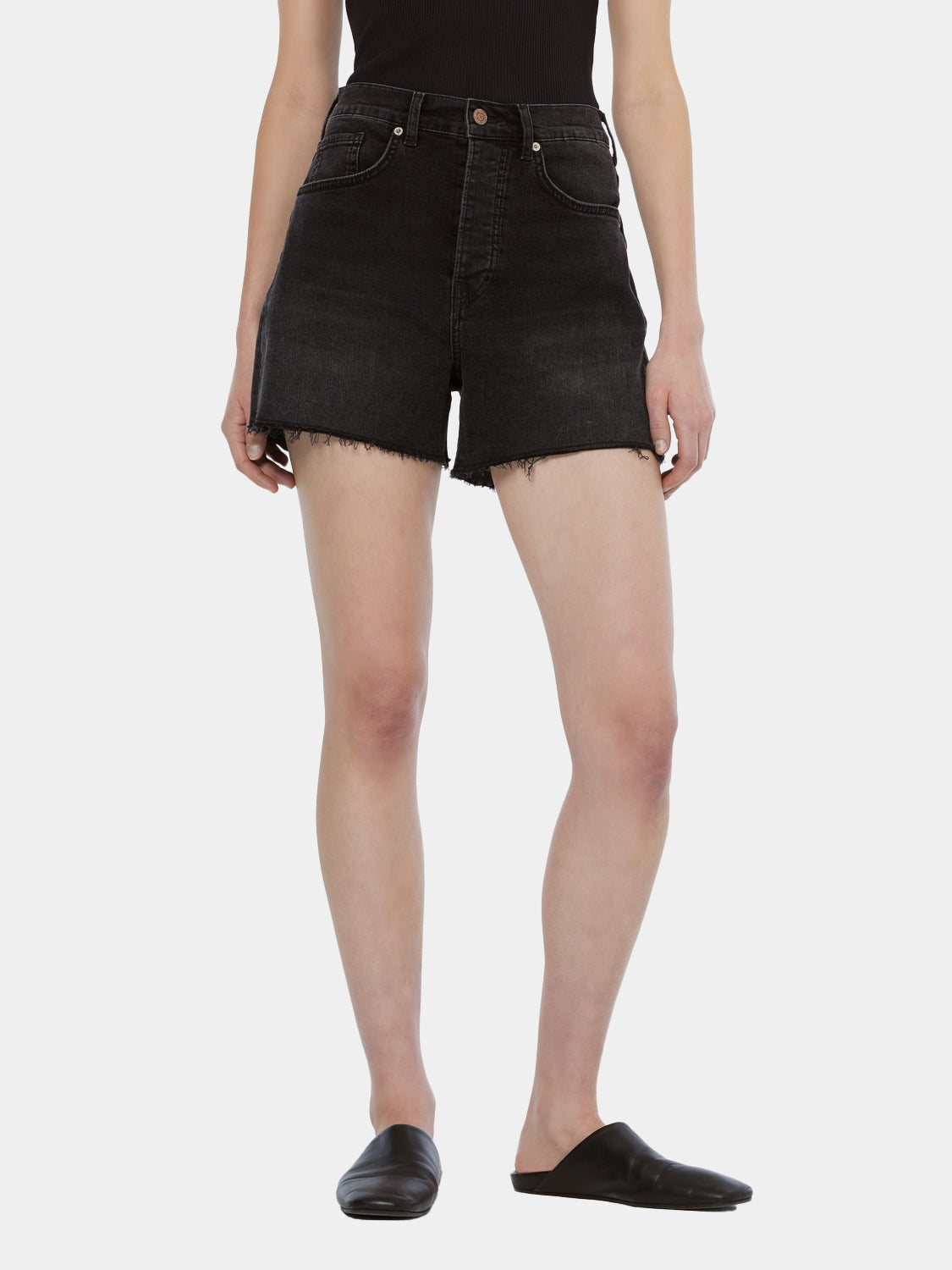 Scotch & Soda Ray denim shorts, front view showing classic five-pocket design and distressed denim fabric.