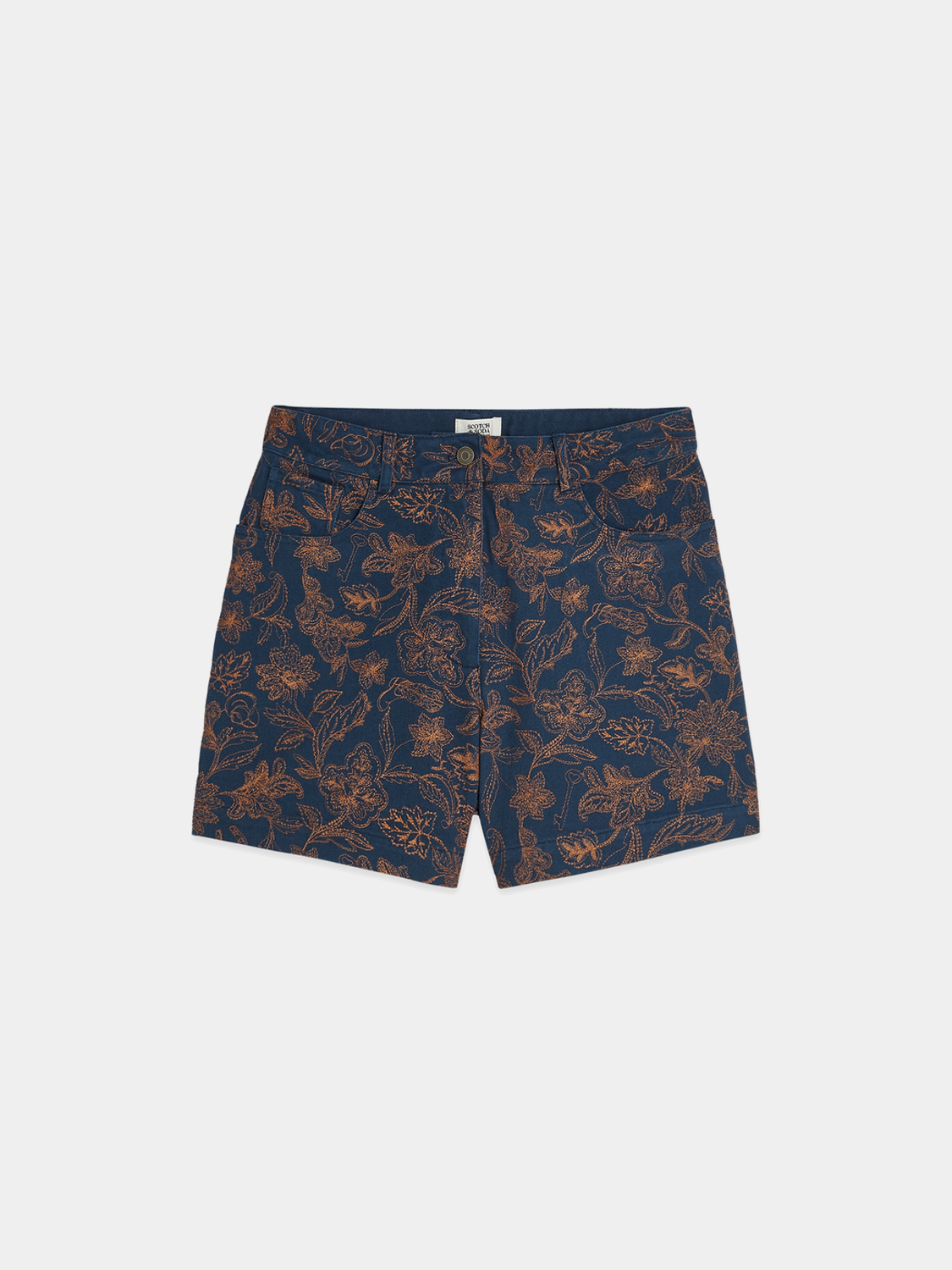Embroidered shorts by Scotch & Soda featuring detailed stitching and casual fit, shown in a close-up view.