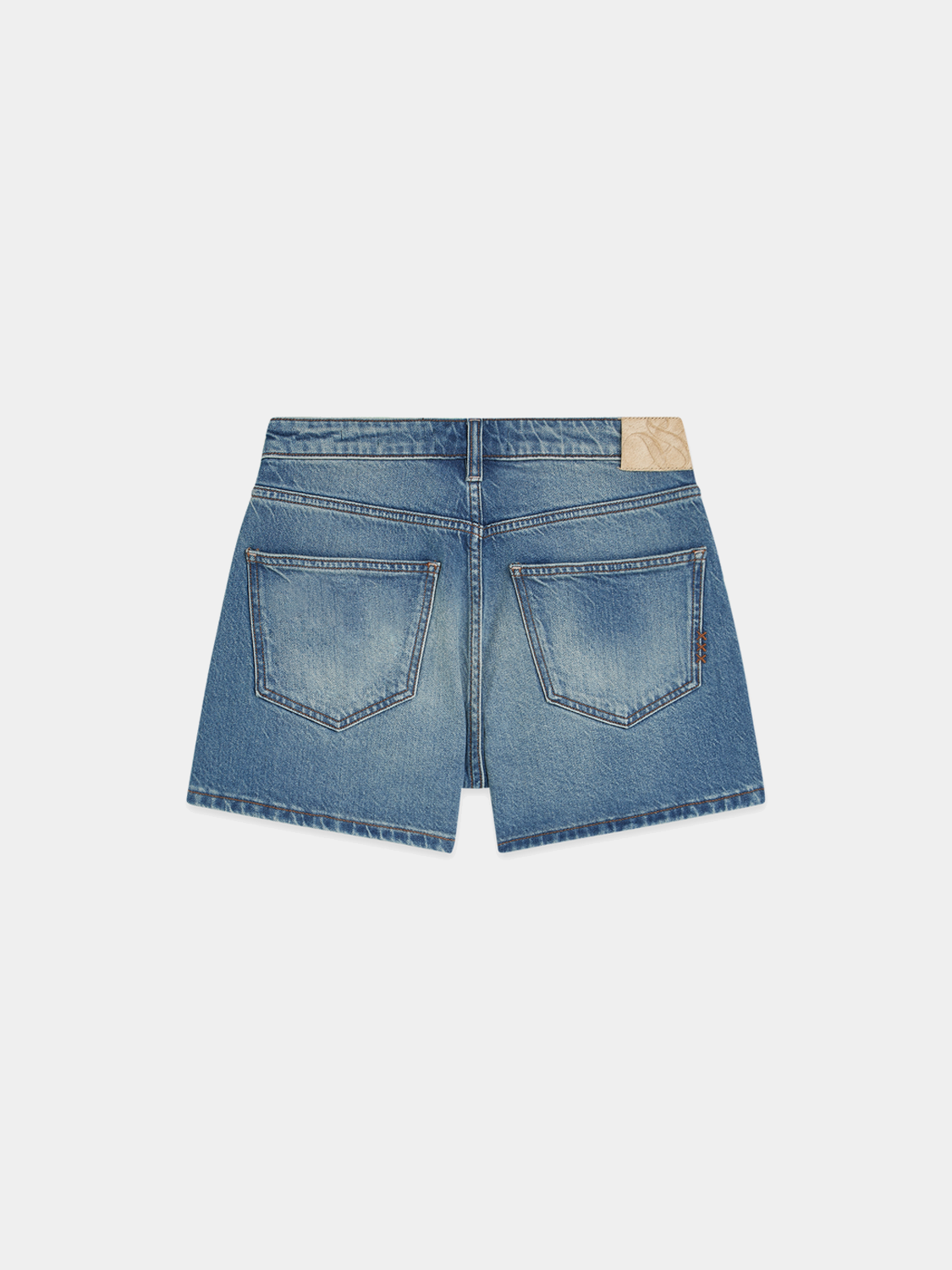 Blue denim shorts by Scotch & Soda with rolled hems and classic five-pocket design, displayed on a neutral background.