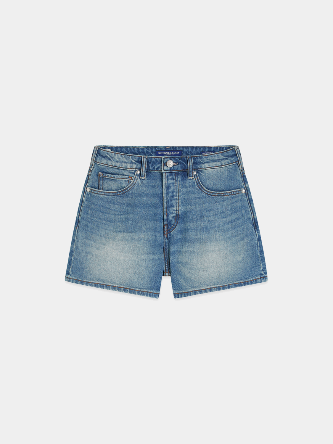 Pair of blue Scotch & Soda denim shorts with rolled cuffs and five-pocket design, displayed on a hanger.