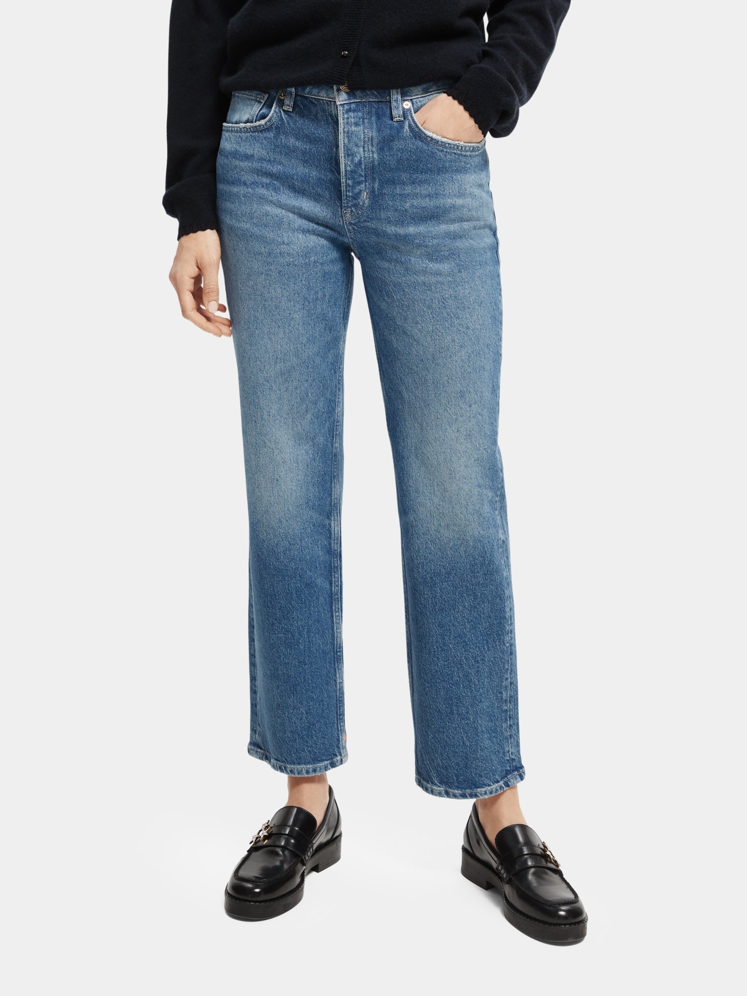 Sky straight fit denim jeans by Scotch & Soda, featuring classic blue denim fabric and a relaxed straight-leg cut.