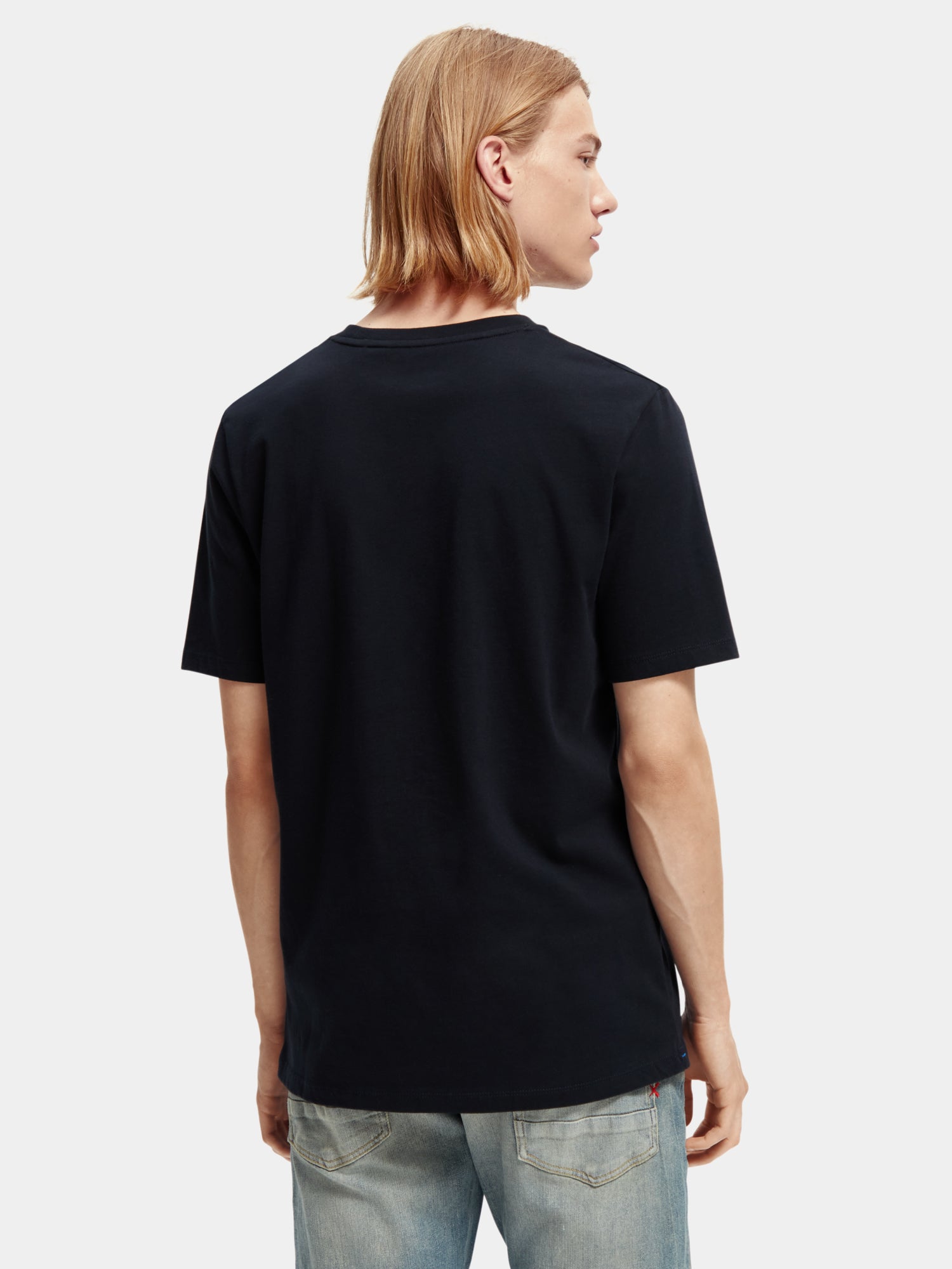 Black short-sleeve Scotch & Soda jersey t-shirt with crew neckline, displayed on a plain background.