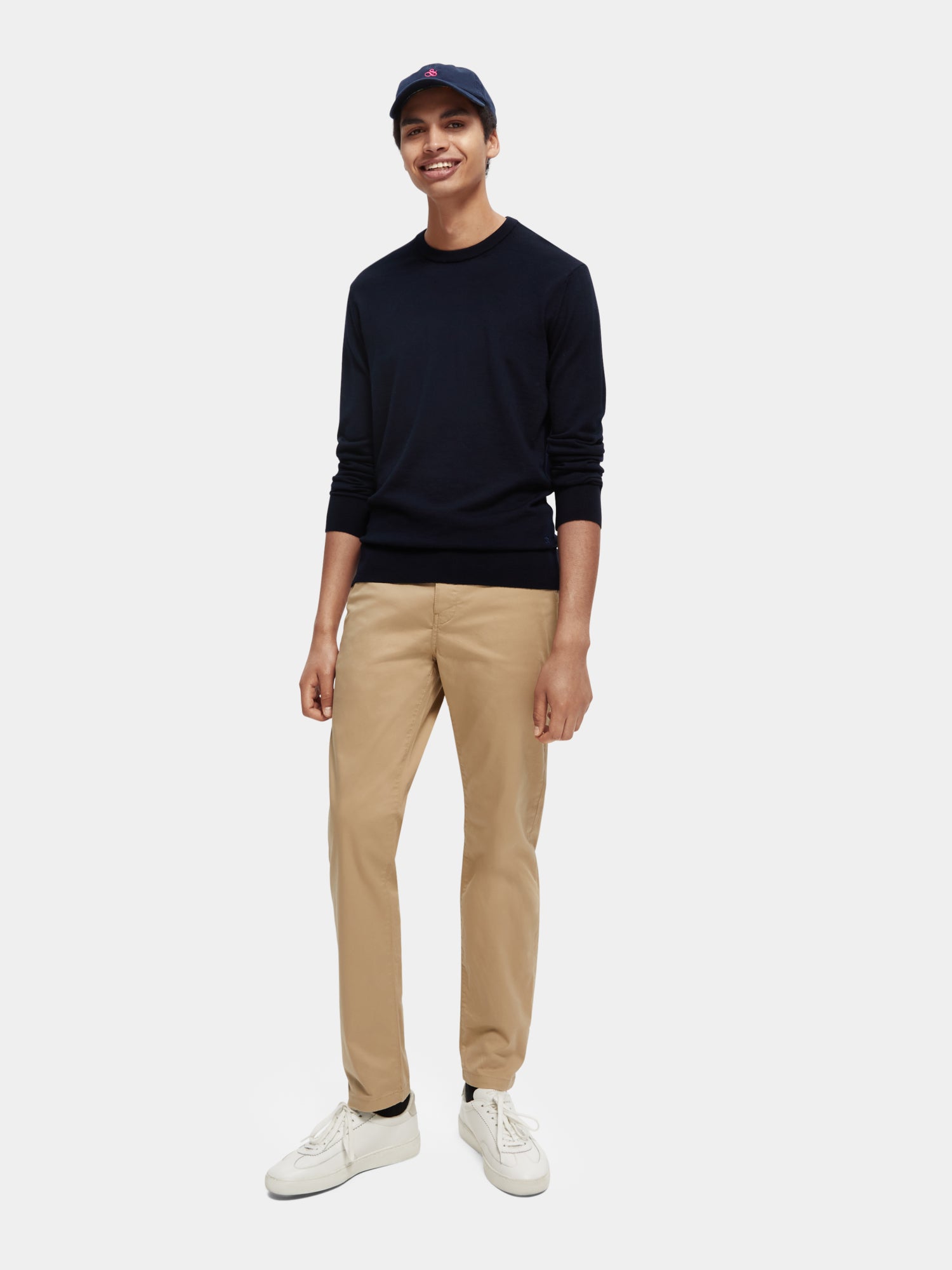 Stuart slim fit Scotch & Soda chinos in a neutral color, front view showing tailored pants style and sleek fit.