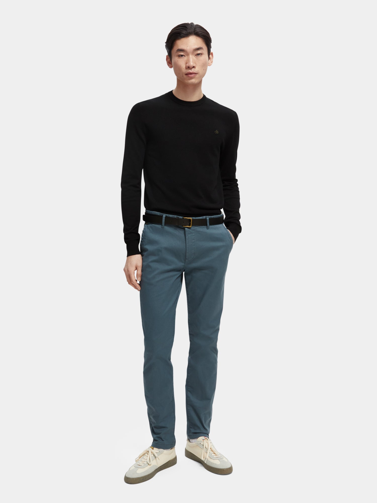 Scotch & Soda Stuart slim fit chinos, men's casual pants in beige, front view showing tailored fit and clean design.