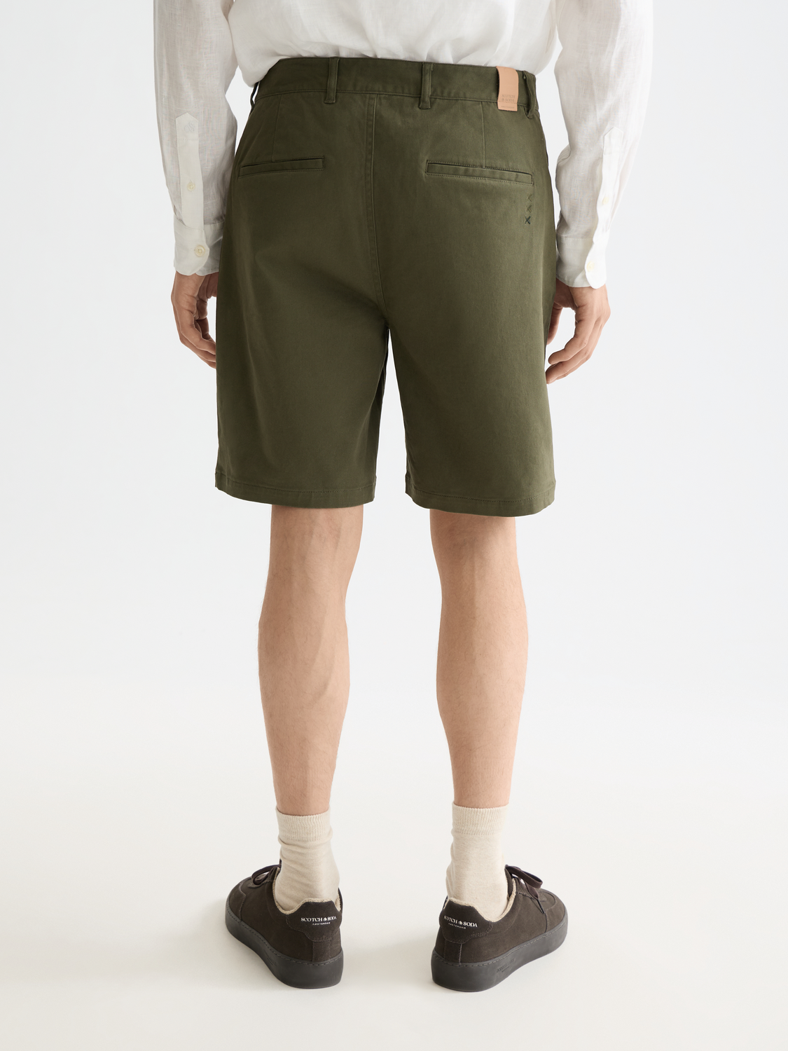 Scotch & Soda Stuart chino shorts in khaki color, back view showing classic fit and clean stitching details.