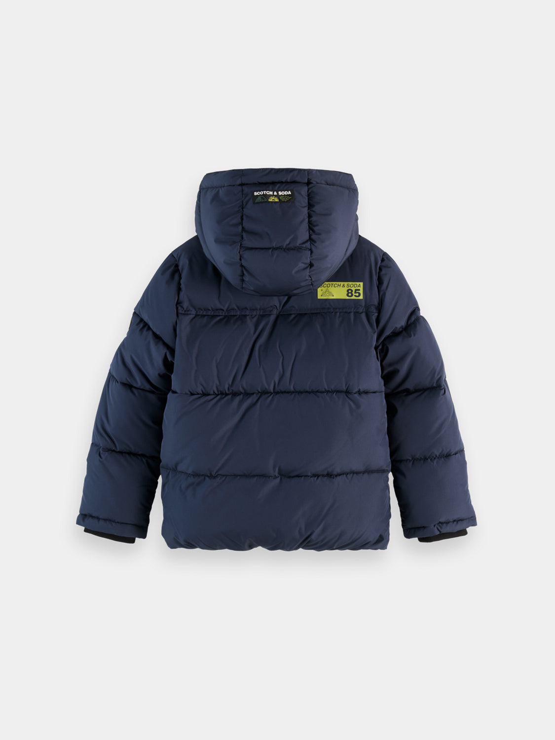 Kids hooded puffer jacket by Scotch & Soda in black, featuring a quilted design and cozy hood for cold weather.