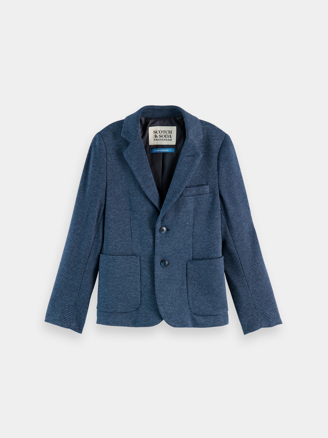 Kids yarn-dyed knitted blazer by Scotch & Soda, featuring a stylish tailored fit with colorful yarn pattern and classic collar.