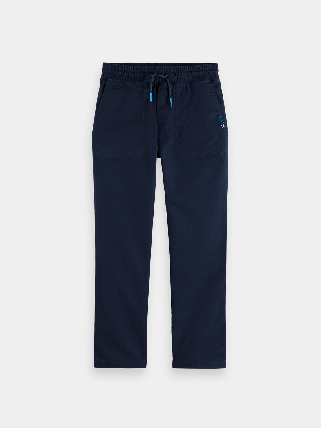 Kids' twill jogger pants by Scotch & Soda, featuring comfortable fit and stylish design, shown in a front view.