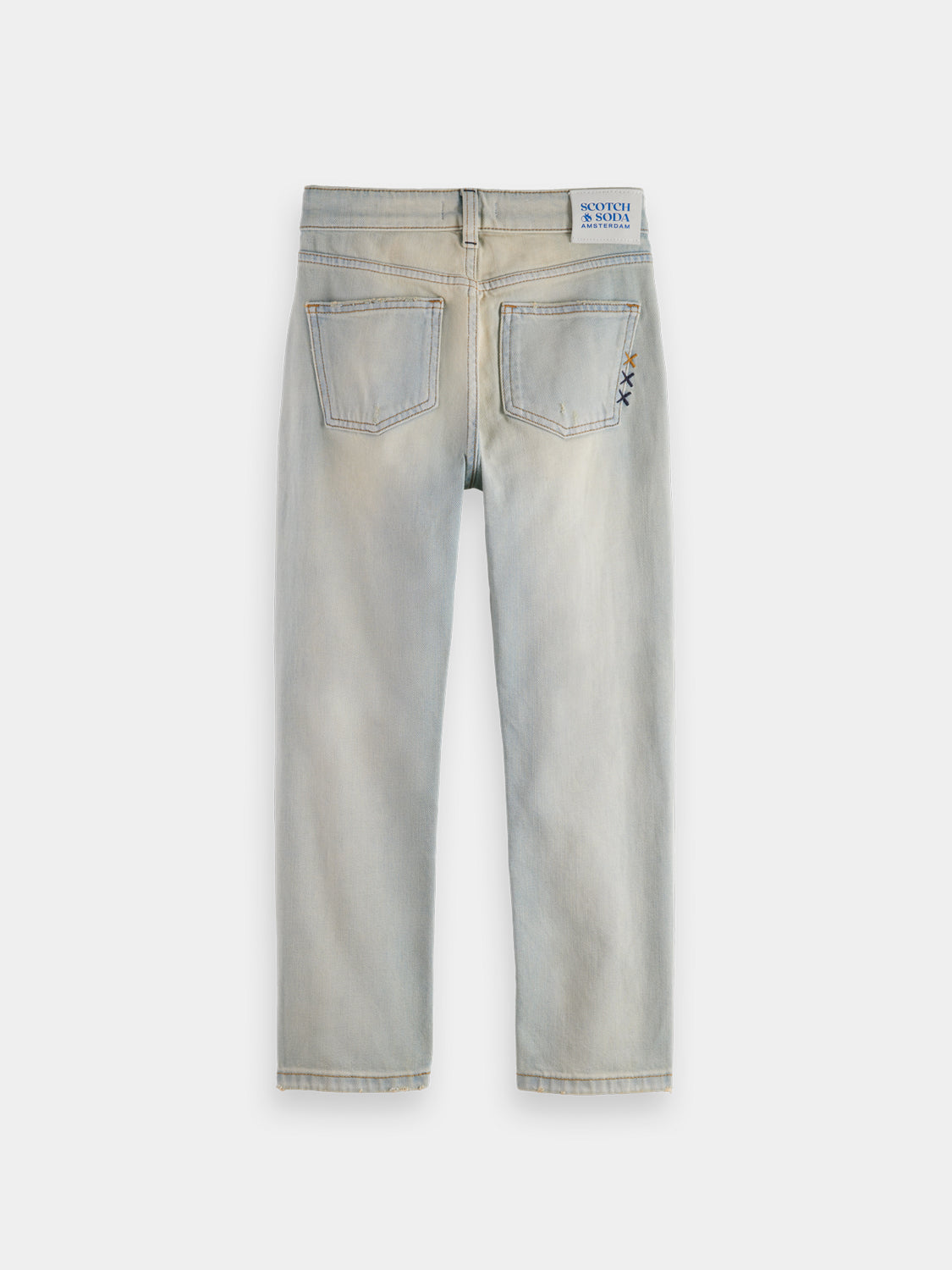 Kids' Scotch & Soda tapered denim jeans shown from the back, featuring classic five-pocket design and dark wash.