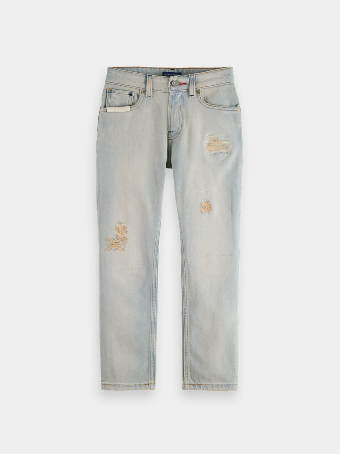 Kids' Scotch & Soda Dean tapered denim jeans, front view showing classic blue denim fabric and slim fit design.
