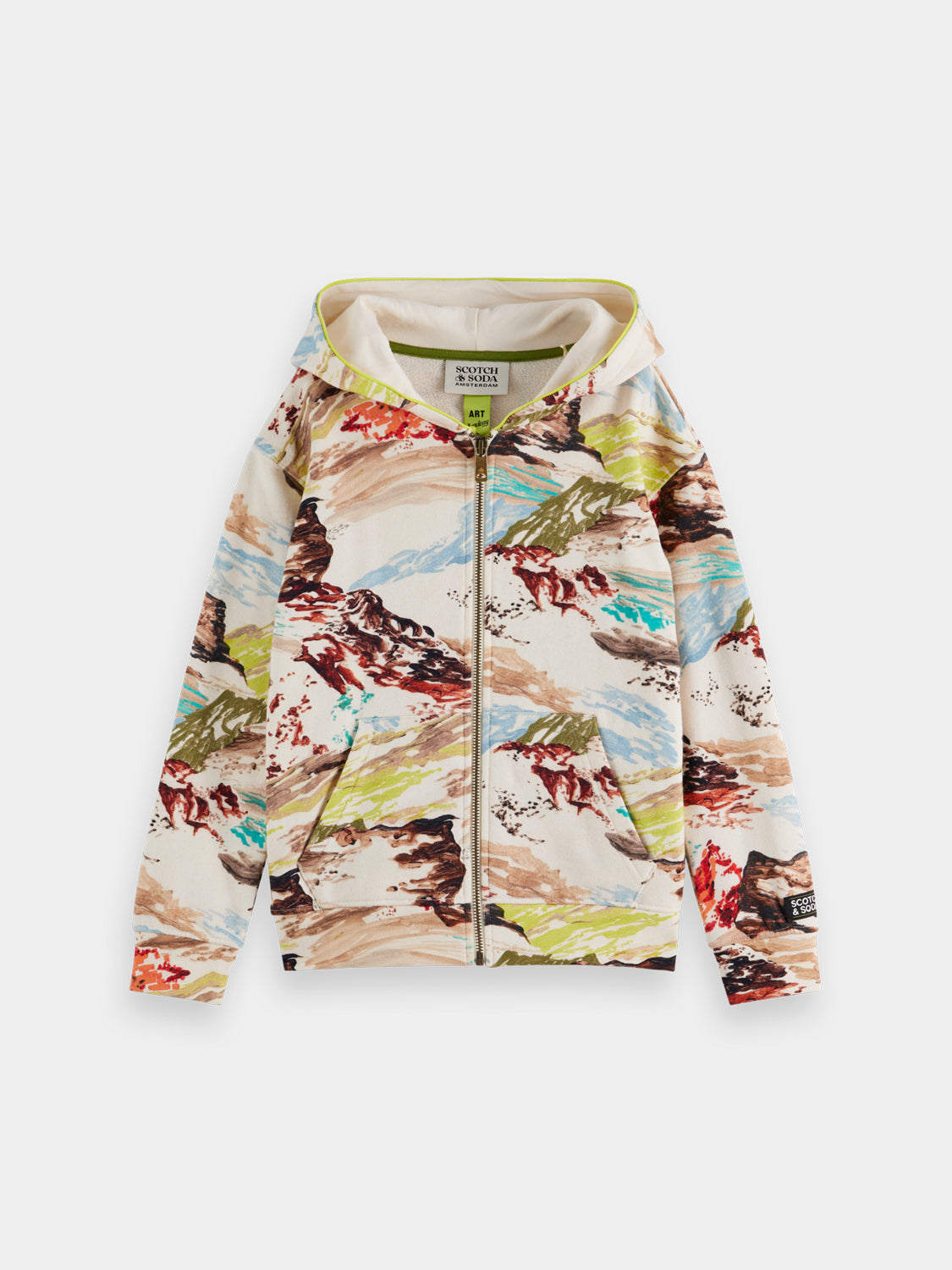 Kids' printed zip-through hoodie from Scotch & Soda, featuring colorful design and cozy sweatshirt fabric.