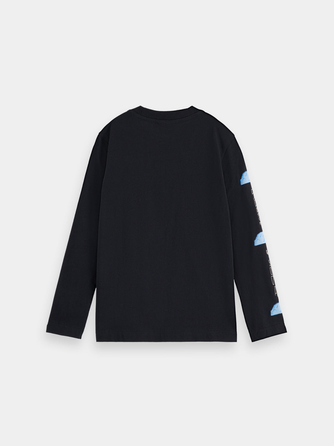 Kids' long-sleeved t-shirt by Scotch & Soda featuring colorful artwork design on a black background.
