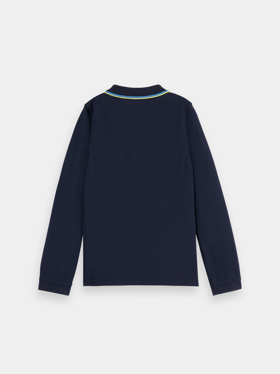 Kids' long-sleeved polo shirt by Scotch & Soda, navy blue color, with collar and button placket.