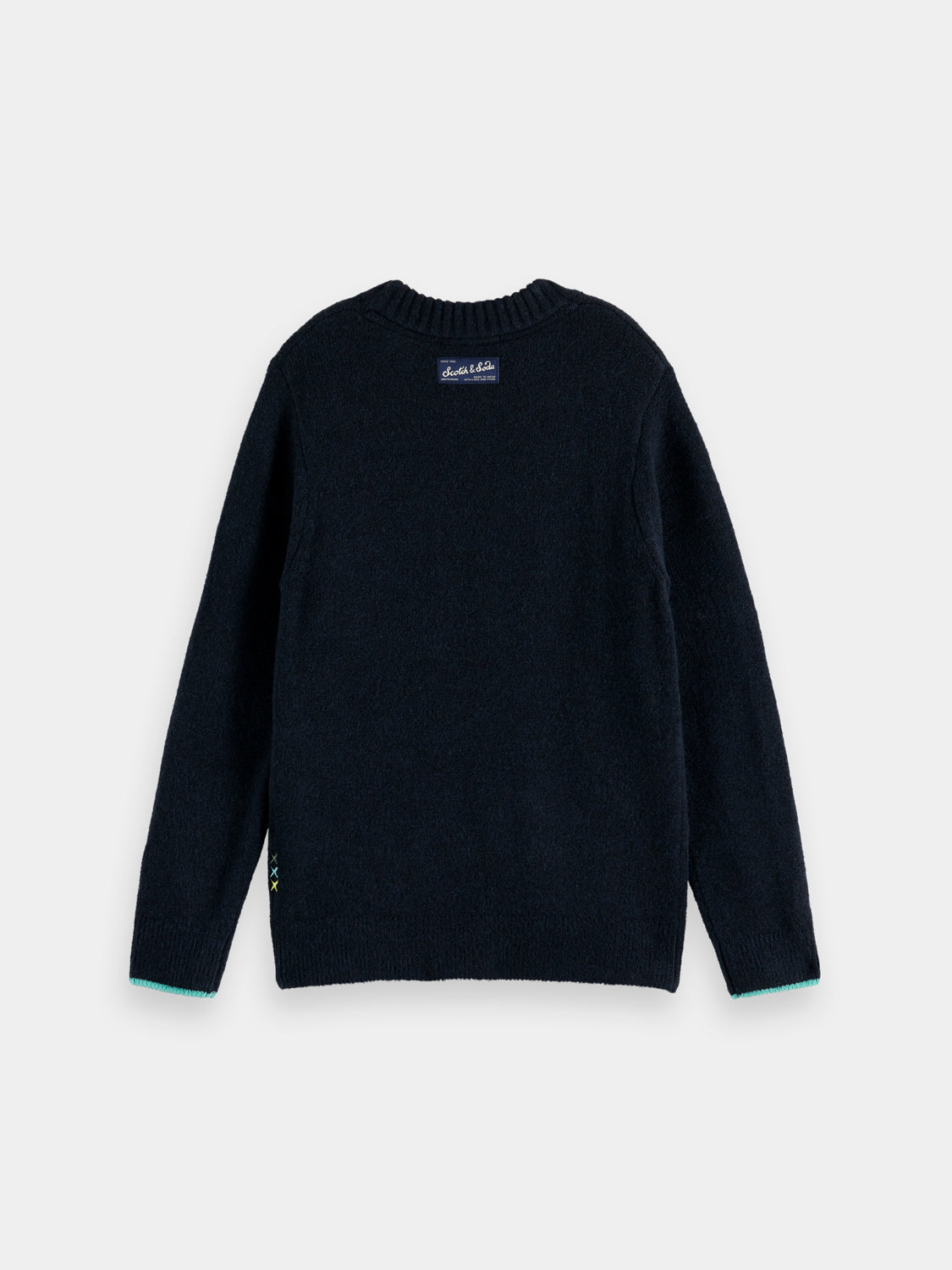 Kids' navy blue knitted pullover by Scotch & Soda, soft knitwear with ribbed cuffs and collar, suitable for children.