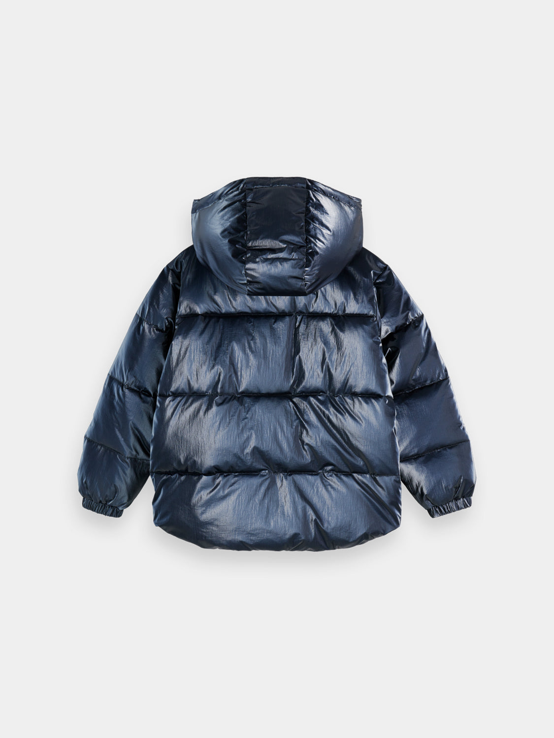 Kids' metallic puffer jacket by Scotch & Soda, featuring a shiny silver finish and padded design for warmth and style.