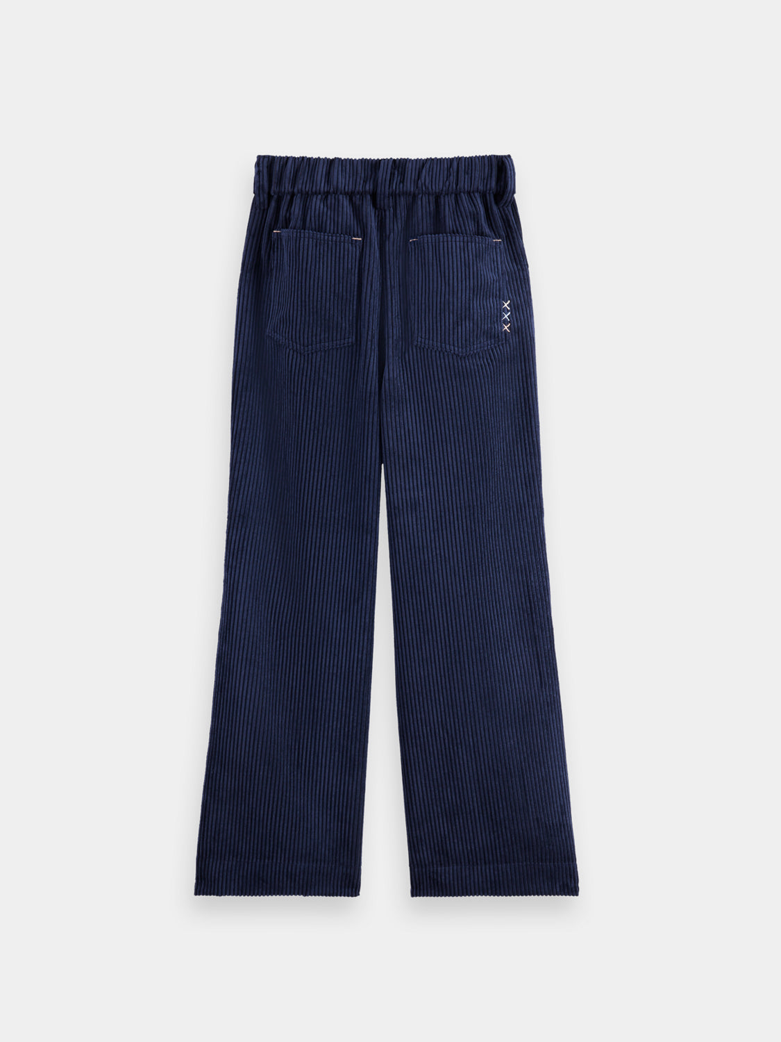Kids' dark brown corduroy pants from Scotch & Soda, shown laid flat with elastic waistband and straight-leg fit.