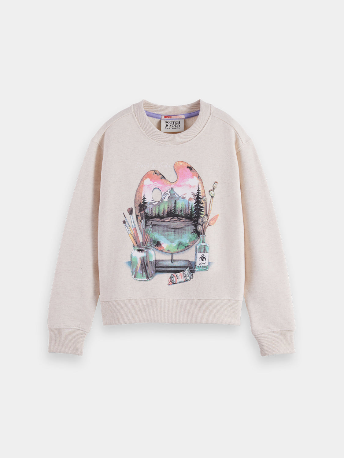 Kids' artwork sweatshirt by Scotch & Soda, featuring colorful graphic design on soft gray fabric.